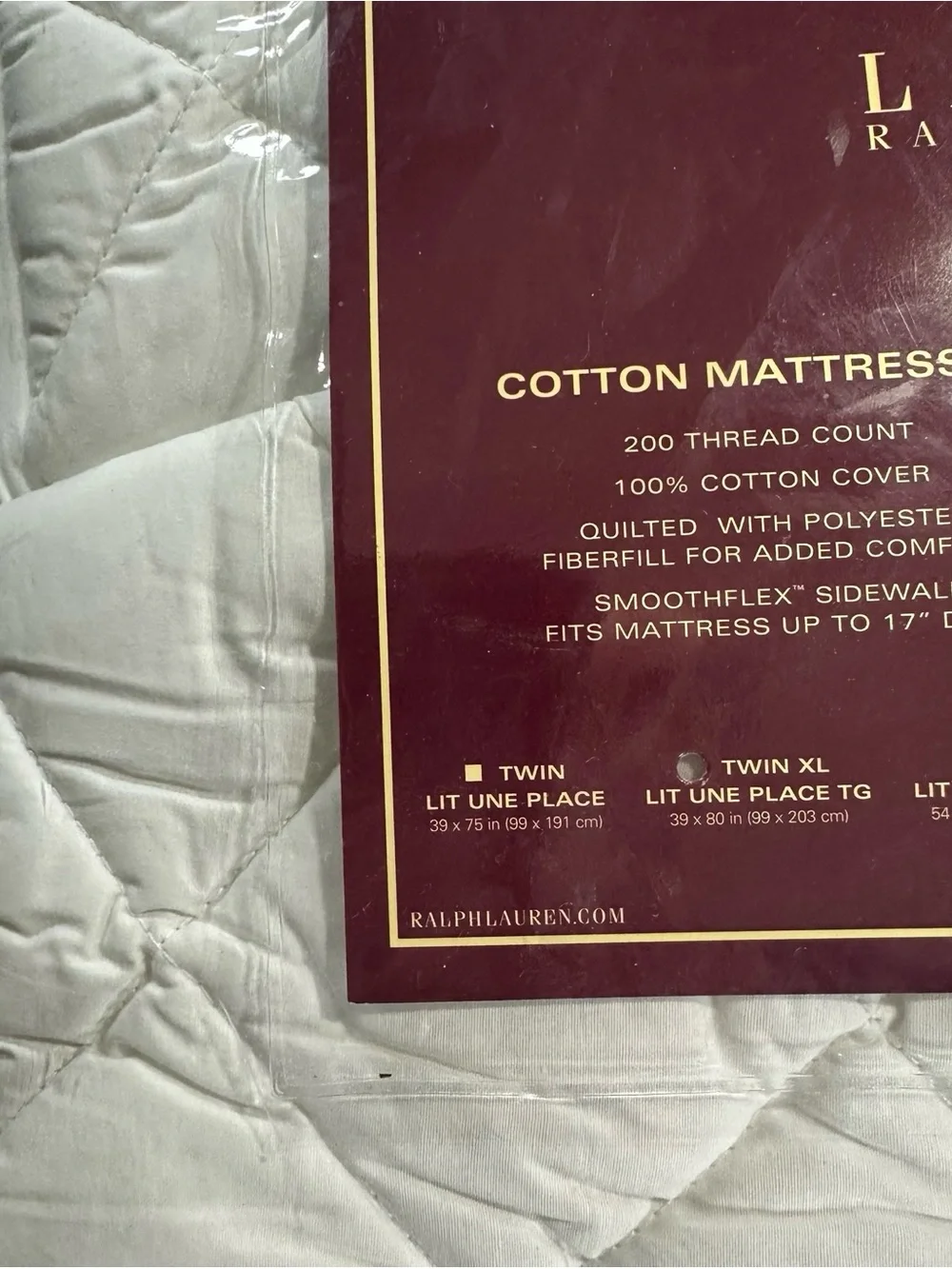 Lauren Ralph Lauren Studio Cotton Mattress Pad Twin XL Quilted 200 TC 39x80 NIP